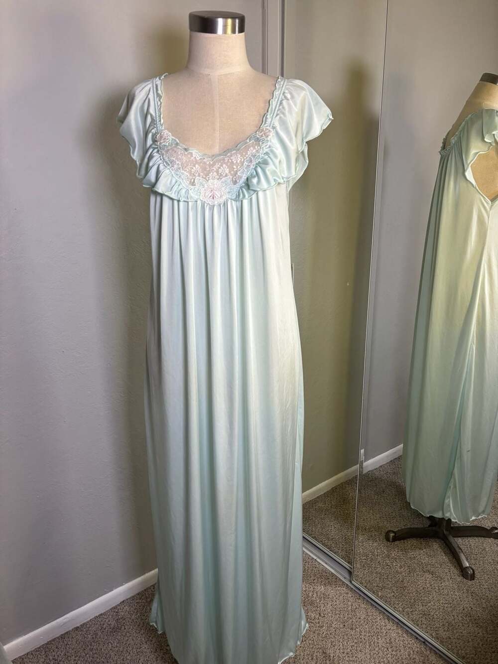 Vintage Mint Green Maxi Nightgown Lace Cottagecore Bridgerton